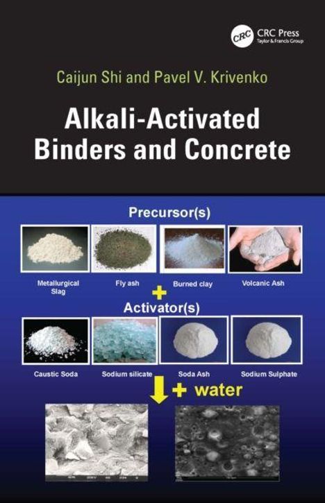 Titel: Alkali-Activated Binders and Concrete. Diagramm mit Vorläufer-, Aktivator-Materialien und Wasser zur Herstellung von Beton.