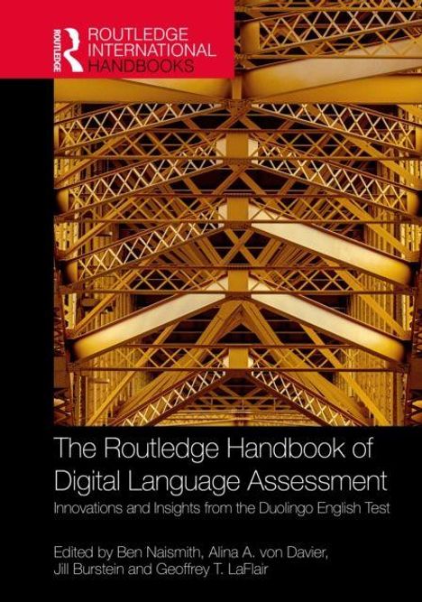 „The Routledge Handbook of Digital Language Assessment“; Brückenstruktur als Hintergrund, kantige, gelbe Streben.