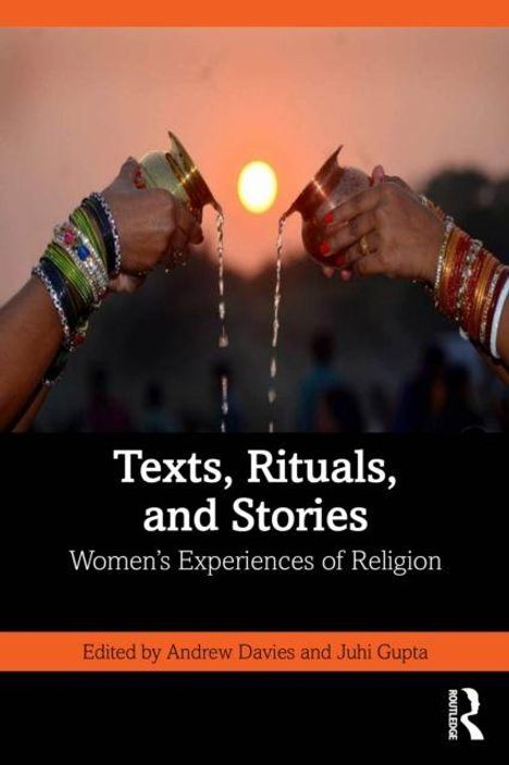 "Texts, Rituals, and Stories: Women’s Experiences of Religion" steht über einer Szene zweier Hände, die Flüssigkeit aus Krügen gießen.