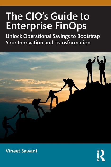 "The CIO’s Guide to Enterprise FinOps" in Weiß auf Schwarz, silhouettierte Menschen helfen sich an einem Berg.