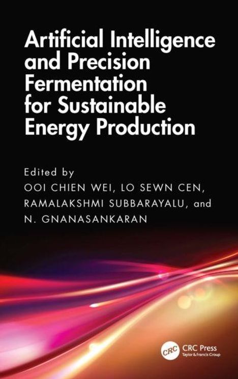 Text: "Artificial Intelligence and Precision Fermentation for Sustainable Energy Production." Vielfarbige Lichtstreifen unten.