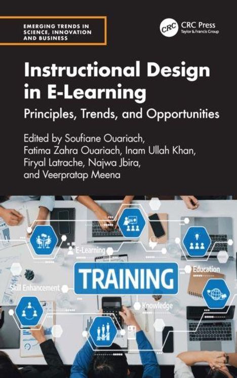 Buchtitel: "Instructional Design in E-Learning". Unten sind Hände, die auf verschiedene Begriffe wie "Training" und "Education" zeigen.