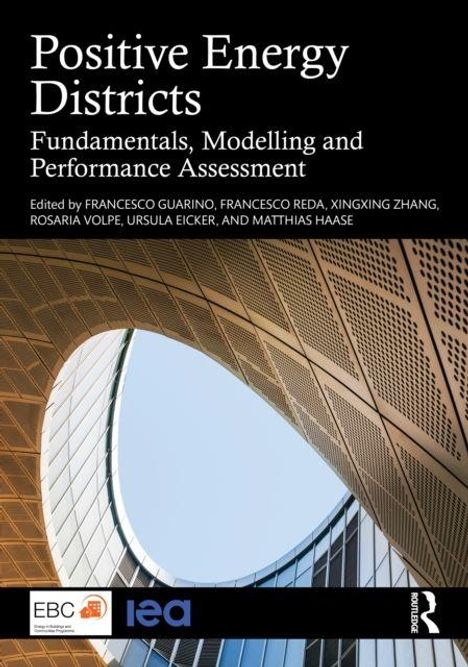 Titel "Positive Energy Districts: Fundamentals, Modelling and Performance Assessment". Architektur mit geschwungenen Fassaden.