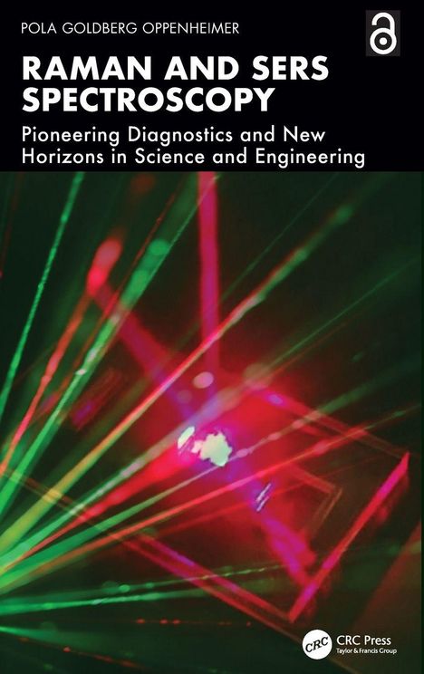 Buchtitel: "RAMAN AND SERS SPECTROSCOPY". Farbenfrohe Laserstrahlen in Rot und Grün vor dunklem Hintergrund.