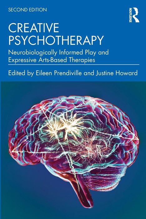 „CREATIVE PSYCHOTHERAPY“, beleuchtet; darunter ein leuchtendes, fluoreszierendes Gehirn auf blauem Hintergrund.