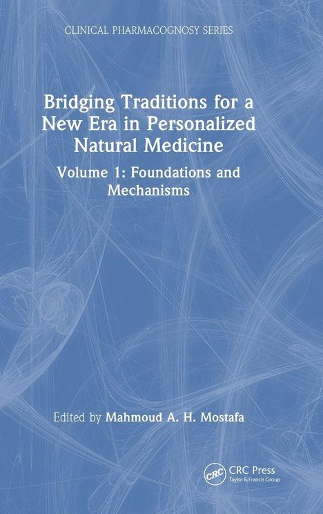 "Bridging Traditions for a New Era in Personalized Natural Medicine, Volume 1" vor blauem Hintergrund mit weißem Muster.