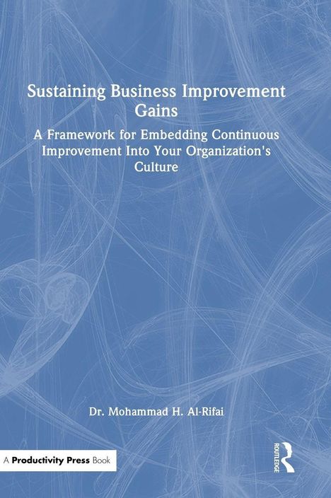 Text: "Sustaining Business Improvement Gains..." und "Dr. Mohammad H. Al-Rifai". Blaues abstraktes Muster im Hintergrund.