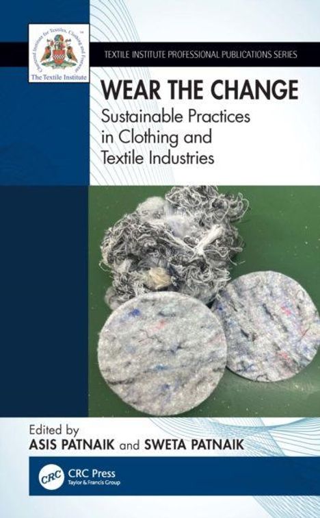 Text: "Wear the Change: Sustainable Practices in Clothing and Textile Industries." Zwei Stoffe und Garnhaufen als Illustration.