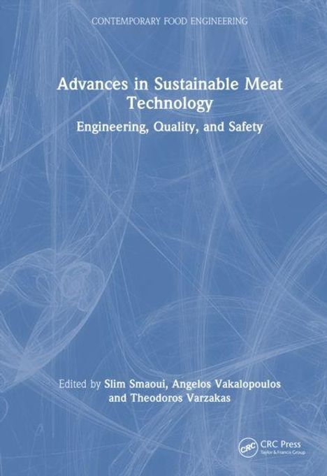 "Advances in Sustainable Meat Technology: Engineering, Quality, and Safety," blauer Hintergrund, abstrakte Linien.