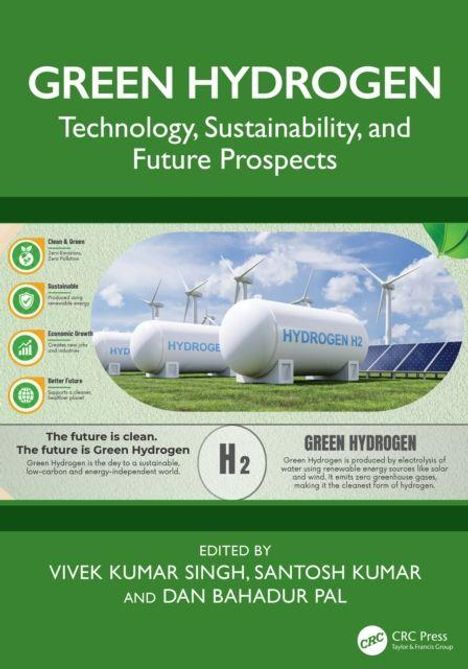 "GREEN HYDROGEN: Technology, Sustainability, and Future Prospects." Drei Wasserstofftanks, umgeben von Windturbinen.