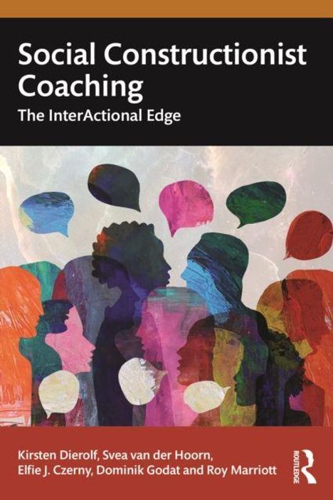 „Social Constructionist Coaching: The InterActional Edge“. Bunte Silhouetten von Menschen und Sprechblasen in einer Illustration.