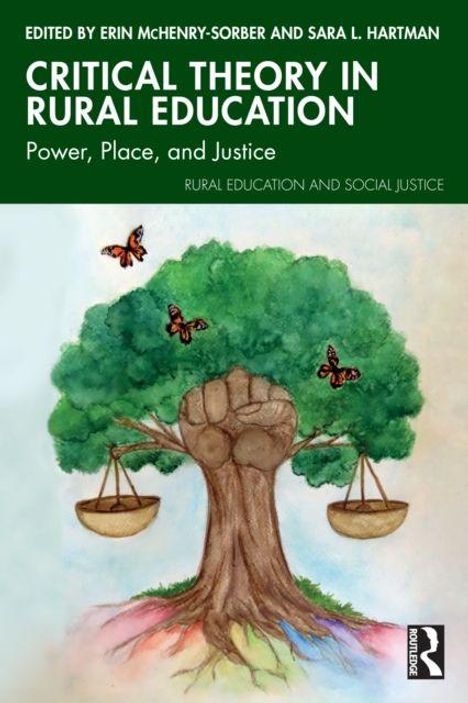 CRITICAL THEORY IN RURAL EDUCATION. Ein Baum mit Schmetterlingen, Blätter und Schalen einer Waage als Illustration.