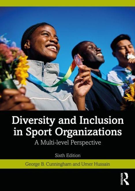 "Diversity and Inclusion in Sport Organizations, A Multi-level Perspective, Sixth Edition." Drei lachende Menschen mit Blumen.