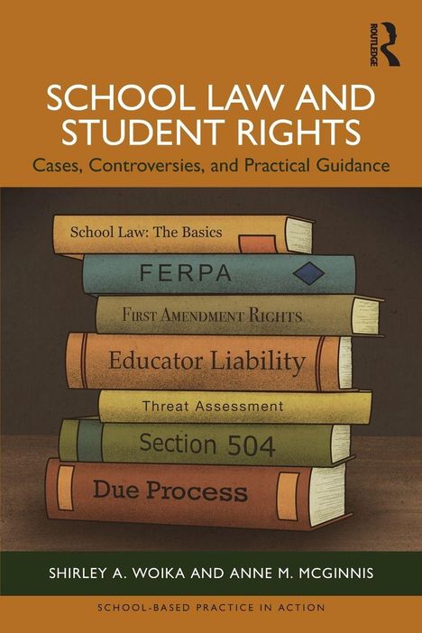 Titel: "School Law and Student Rights". Illustration zeigt gestapelte Bücher mit rechtlichen Themen.