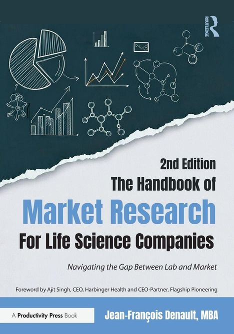 2nd Edition: The Handbook of Market Research for Life Science Companies. Diagramme und Moleküle auf dunklem Hintergrund.