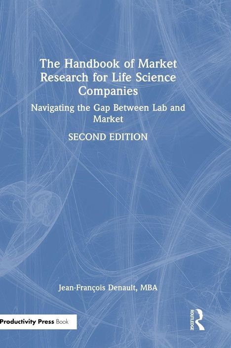 "The Handbook of Market Research for Life Science Companies" steht im Vordergrund auf einem blauen Hintergrund.