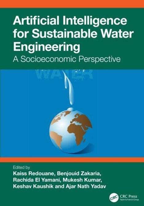 "Artificial Intelligence for Sustainable Water Engineering" ist der Titel. Globus mit Wassertropfen, grüne und blaue Farben.
