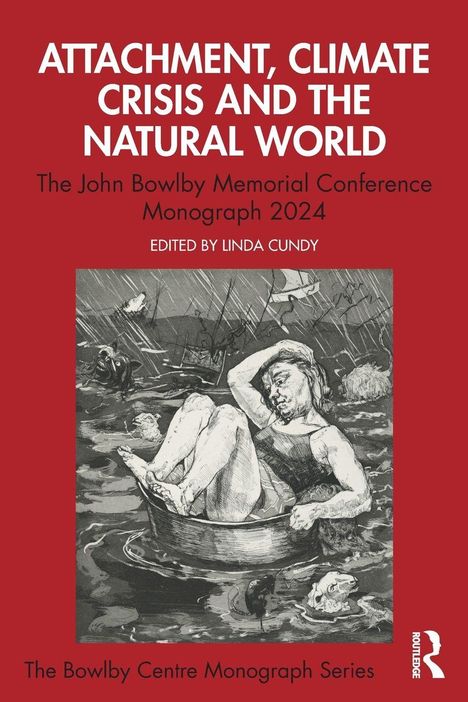 Titel: "ATTACHMENT, CLIMATE CRISIS AND THE NATURAL WORLD". Illustration einer Person in einem Boot auf stürmischem Wasser.