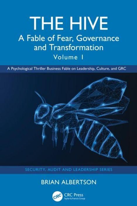 "THE HIVE: A Fable of Fear, Governance and Transformation. Illustration einer geometrischen Biene auf blauem Hintergrund."