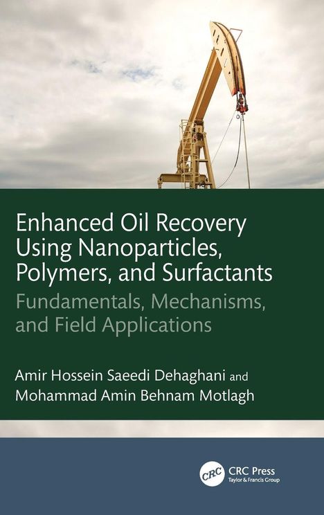 Titel: "Enhanced Oil Recovery Using Nanoparticles, Polymers, and Surfactants". Ölförderpumpe vor wolkigem Himmel.