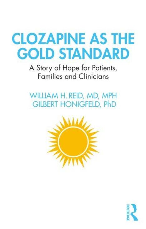 Text: "Clozapine as the Gold Standard. A Story of Hope for Patients, Families and Clinicians." Sonne, stilisiert.