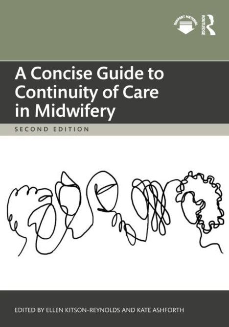 Oben steht: "A Concise Guide to Continuity of Care in Midwifery". Darunter eine einfache, abstrakte Illustration von Gesichtern.
