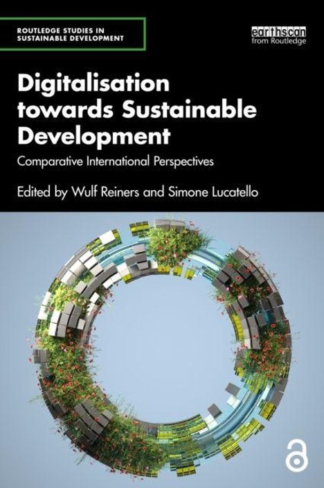 "Digitalisation towards Sustainable Development" oben, runder grüner und grauer Kranz unten, modern und dynamisch.