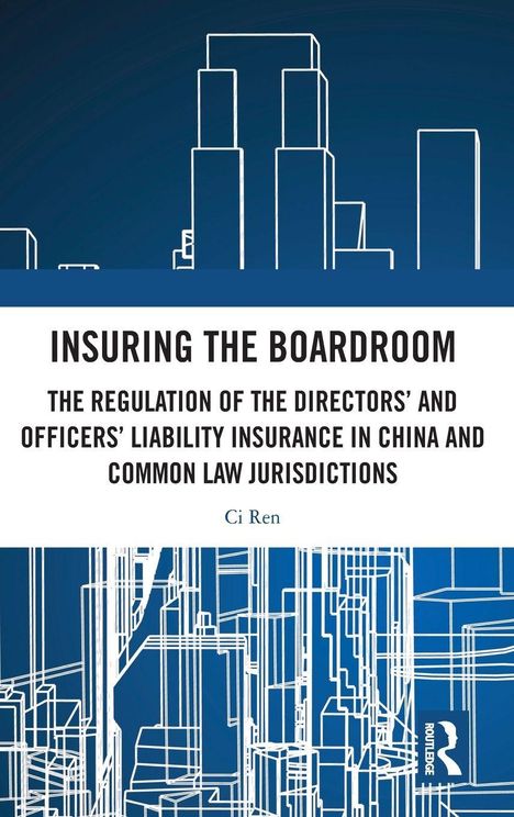 "INSURING THE BOARDROOM" oben, gefolgt von langem Untertitel. Architekturzeichnung im Hintergrund in weiß auf blauem Grund.