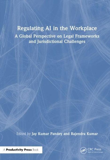 "Regulating AI in the Workplace" Text auf blauem Hintergrund, darunter zwei Namen. Weiße Linien als Hintergrundmuster. 