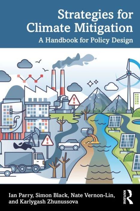 „Strategies for Climate Mitigation: A Handbook for Policy Design“ oben. Stilistische Illustration von Industrie- und Naturlandschaft.
