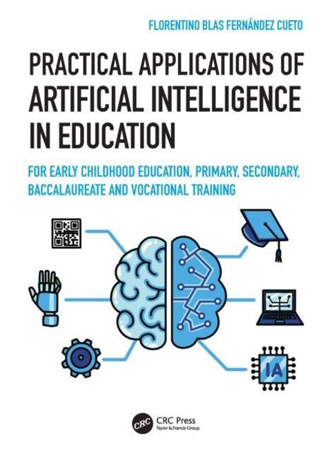 Titel: Practical Applications of Artificial Intelligence in Education. Illustration eines Gehirns, Hand, QR-Code, Laptop, Hut.