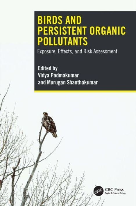 Textblock: "BIRDS AND PERSISTENT ORGANIC POLLUTANTS" und Details. Ein Vogel sitzt auf einem kahlen Ast unter dem Text.