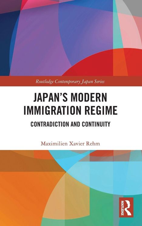Der Text lautet: "Japan's Modern Immigration Regime: Contradiction and Continuity". Bunte geometrische Formen als Hintergrund.