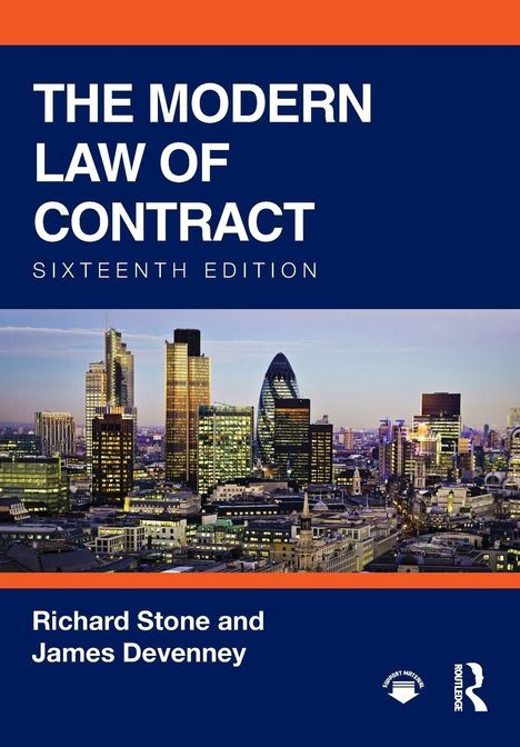 "The Modern Law of Contract, Sixteenth Edition" von Richard Stone und James Devenney. Skyline einer Großstadt bei Dämmerung.
