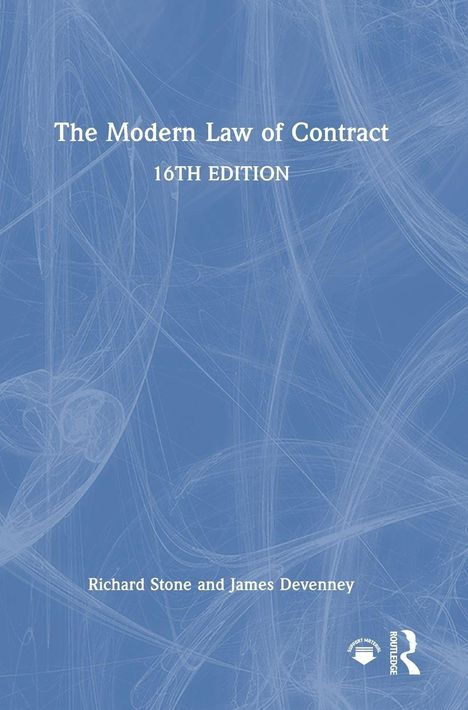 "The Modern Law of Contract, 16th Edition" von Richard Stone und James Devenney. Abstrakte blaue Hintergrundgrafik.