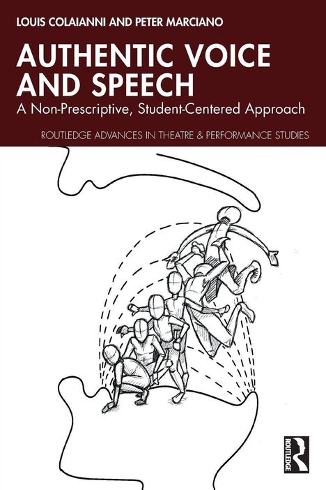 "AUTHENTIC VOICE AND SPEECH" steht oben. Illustration von Menschen in Bewegung, unterteilt in Segmente, mit Linien verbunden.