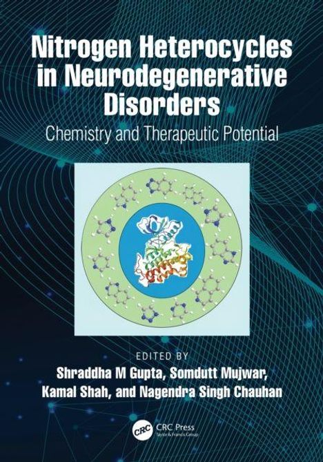 Text: "Nitrogen Heterocycles in Neurodegenerative Disorders", "Chemistry and Therapeutic Potential", "Edited by Shraddha M Gupta, Somdutt Mujwar, Kamal Shah, and Nagendra Singh Chauhan". Illustration: Molekülstruktur.