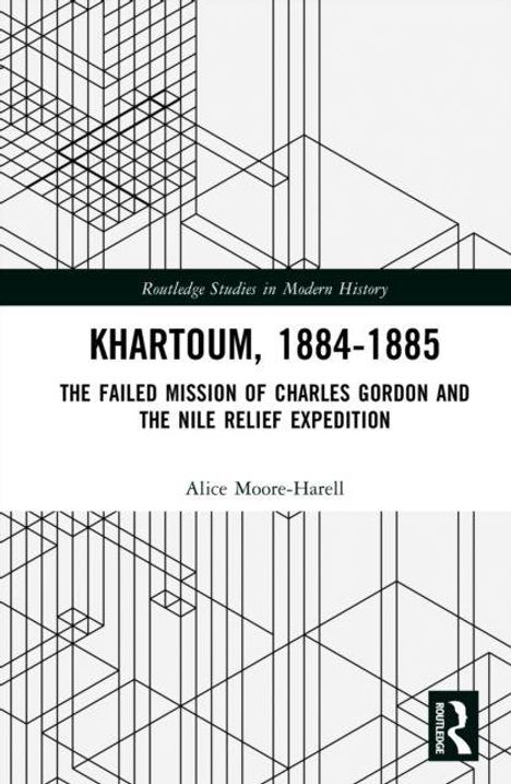 „Khartoum, 1884-1885“ von Alice Moore-Harell. Geometrische Linien bilden ein abstraktes Muster, Logo unten rechts.