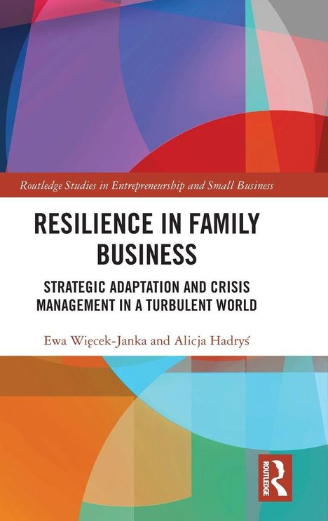 „RESILIENCE IN FAMILY BUSINESS“, strategische Anpassung in Krisen. Autoren: Ewa Więcek-Janka und Alicja Hadryś. Bunte geometrische Formen.