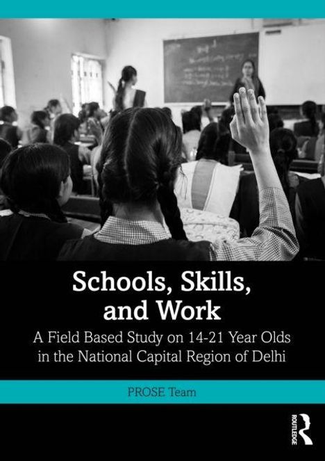 "Schools, Skills, and Work" steht über einem schwarz-weißen Foto von Schülern in einem Klassenzimmer, eine Hand ist gehoben.