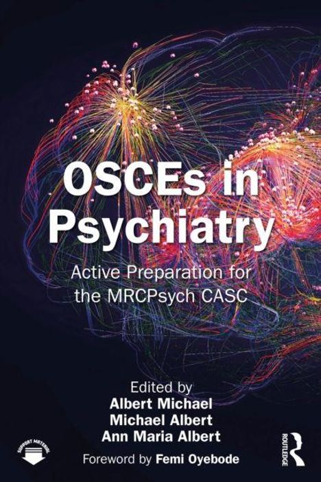 "OSCEs in Psychiatry" und "Active Preparation for the MRCPsych CASC" erscheinen über buntem neuronalen Netzwerk-Muster.