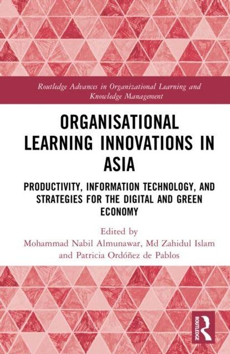 "Organisational Learning Innovations in Asia" steht zentral. Rotes geometrisches Muster oben und unten, weißer Hintergrund.