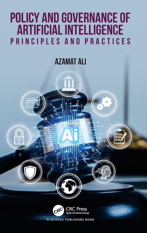 Text oben: "POLICY AND GOVERNANCE OF ARTIFICIAL INTELLIGENCE." Ein Richterhammer mit AI-Symbol und technologischen Icons.