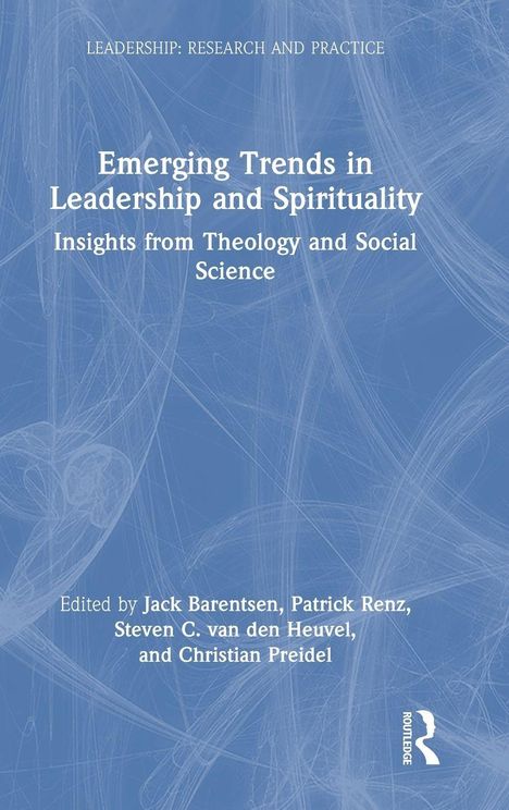 Text: "Emerging Trends in Leadership and Spirituality: Insights from Theology and Social Science." Blaue abstrakte Linienzeichnung.