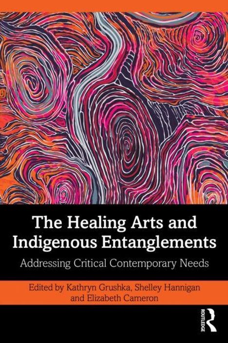 "The Healing Arts and Indigenous Entanglements" in Weiß auf Schwarz. Abstrakte, bunte Linienmuster in Rosa, Orange und Lila.