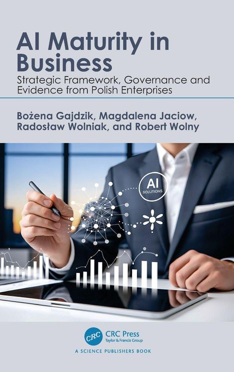 "AI Maturity in Business" von Bożena Gajdzik et al. zeigt eine Illustration mit Grafiken und Netzwerken in einem Büro.