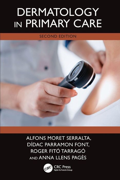 "DERMATOLOGY IN PRIMARY CARE, SECOND EDITION, CRC Press" und eine Lupe wird auf einen Arm gerichtet.