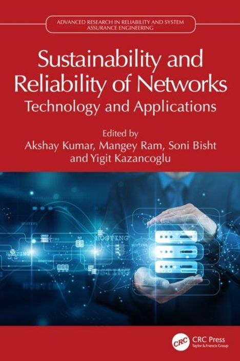 „Sustainability and Reliability of Networks: Technology and Applications“. Cover in Rot mit Hand, die digitale Symbole hält.