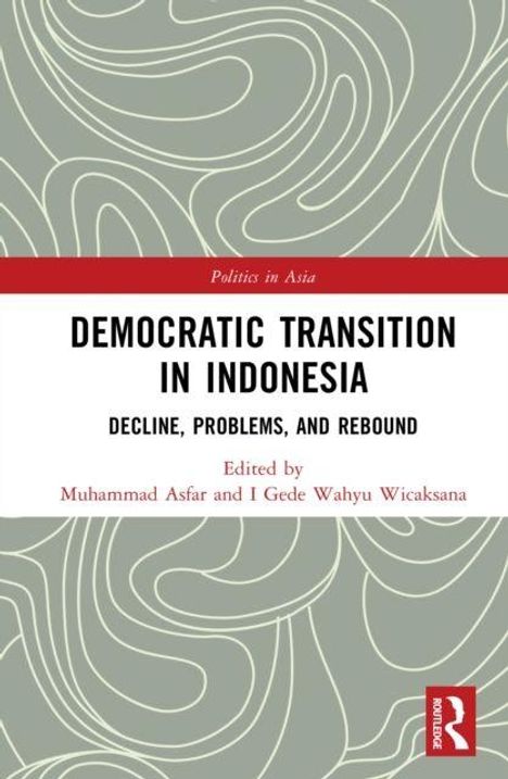 Text: Politics in Asia. Democratic Transition in Indonesia: Decline, Problems, and Rebound. Edited by Muhammad Asfar und I Gede Wahyu Wicaksana. Das Bild hat ein abstraktes Muster und zeigt ein Logo unten rechts.