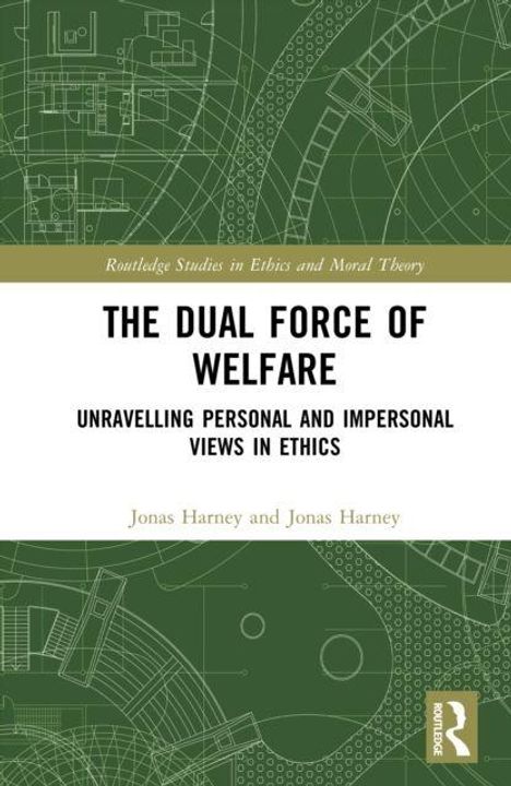 "The Dual Force of Welfare: Unravelling Personal and Impersonal Views in Ethics" von Jonas Harney. Grünes geometrisches Design.
